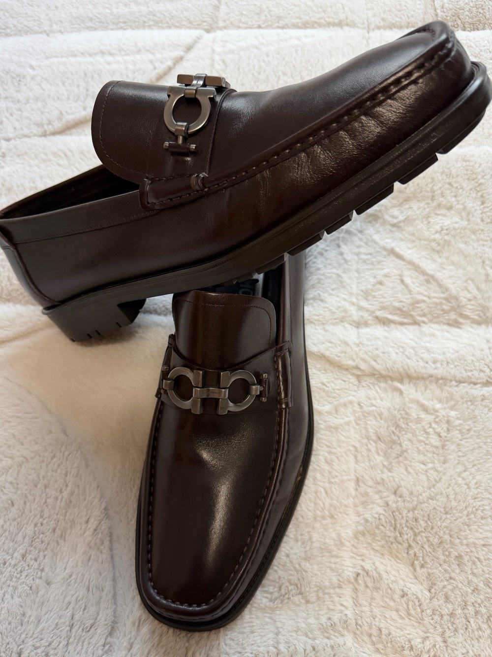 LIKE NEW! $950 Ferragamo Brown Leather Gancini Bit Chunky Lug Sole Loafers 12.5